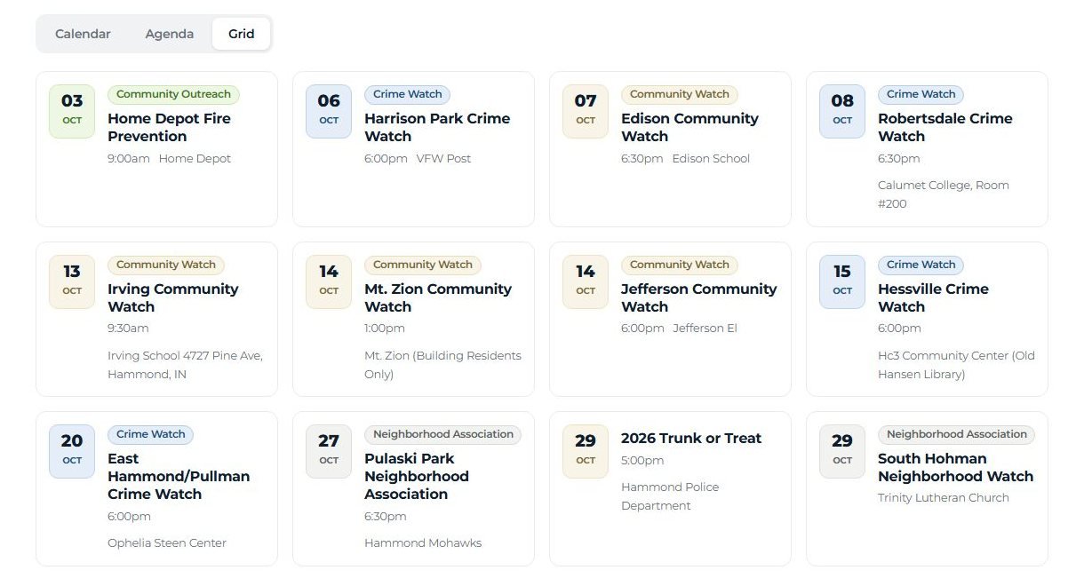 Hammond Police events calendar in grid view
